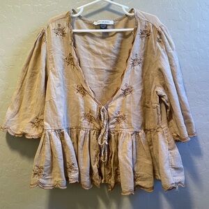 American Eagle Outfitters Tan Embroidered Blouse